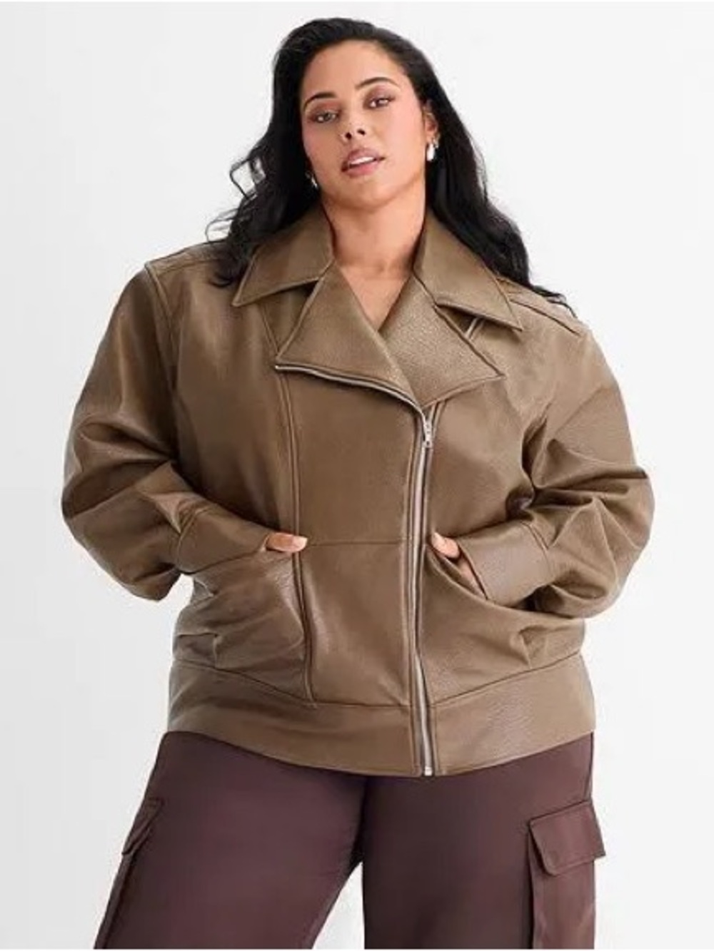Ashley Graham Womens Plus Faux Leather Midweight Motorcycle Jacket 2X